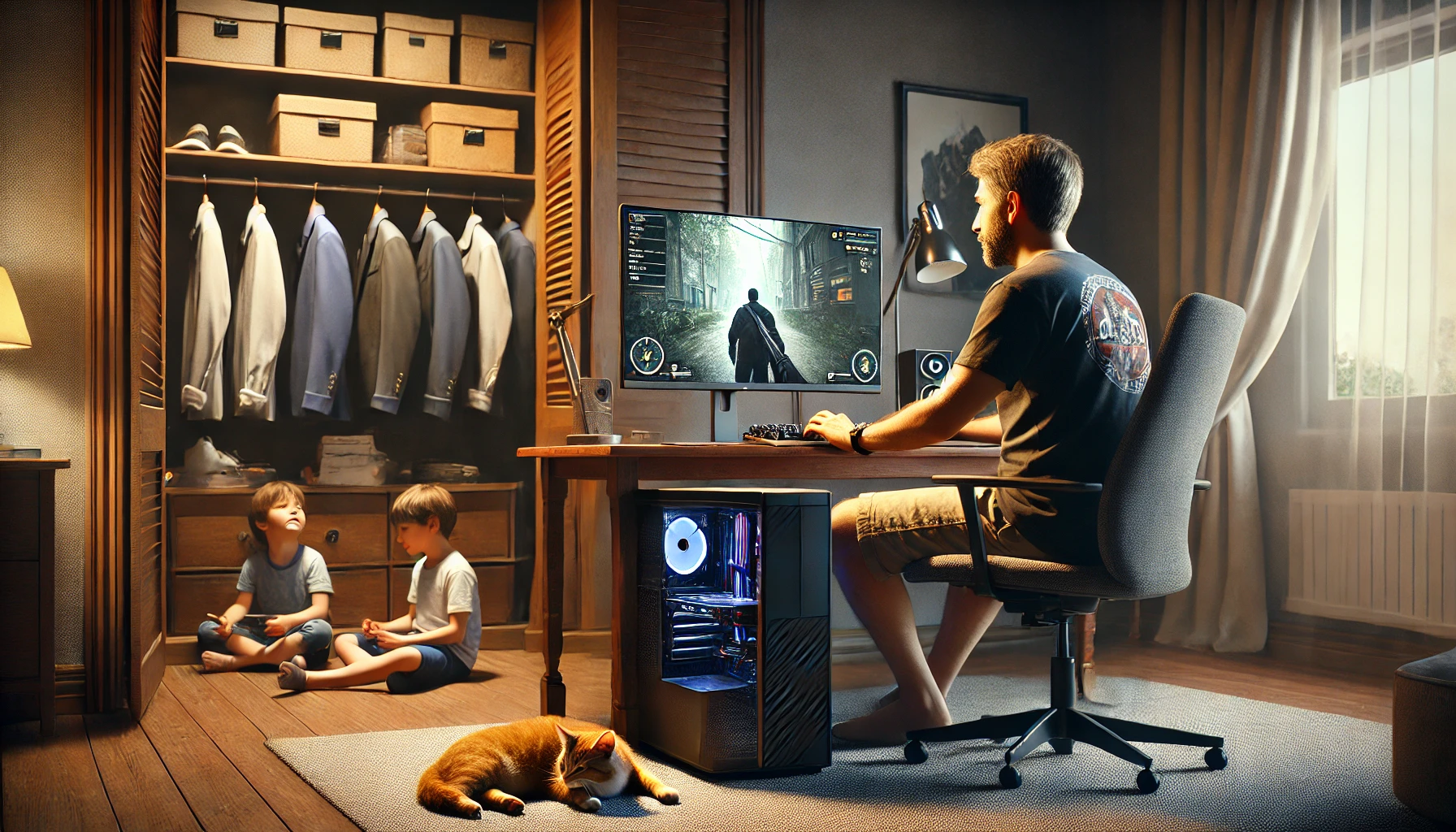 Dojrzały gracz w home office z dziećmi w tle